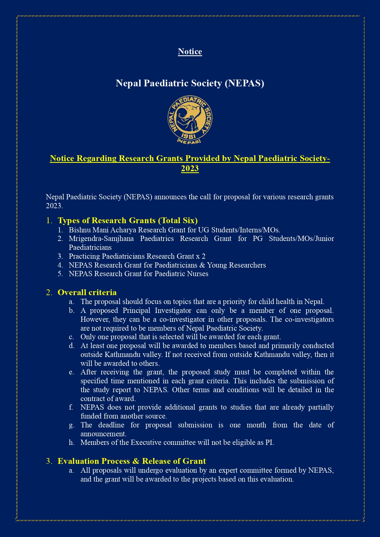 Notice Regarding Research Grants Provided by Nepal Paediatric Society